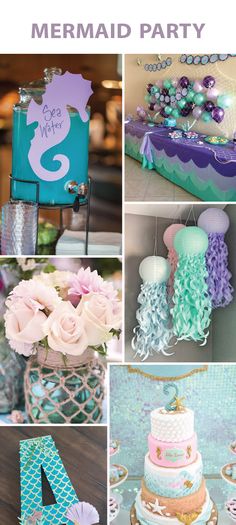 a collage of pictures with blue and white flowers in vases, cupcakes