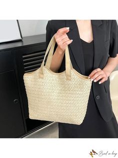 BirdinBag - Womens Bohemian Straw Beach Handbag: Stylish Woven Shoulder Bag for Travel and Shopping Bohemian Handheld Beige Bag, Bohemian Beige Handheld Bag, Beige Bohemian Large Capacity Bags, Bohemian Large Capacity Bag For Spring, Beige Woven Handheld Bag, Beige Handheld Woven Bag, Trendy Woven Beige Bags, Large Summer Shoulder Bag For Daily Use, Woven Handheld Bag For Daily Use