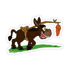 a sticker with a donkey carrying a carrot on it's back and smiling