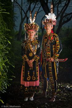 two people dressed in elaborate clothing standing next to each other with horns on their heads