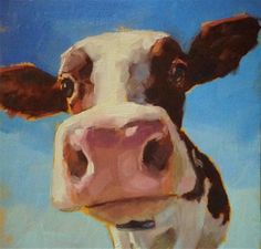 a painting of a brown and white cow looking at the camera with a blue sky in the background