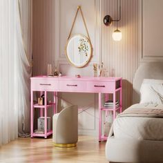 a pink desk in the corner of a room with a mirror and lamp on it