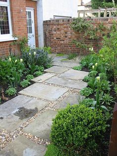 a small garden with lots of green plants and flowers in the front yard, next to a brick building