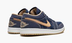 The Air Jordan 1 Low SE “Denim” is a unique look for the low-top version of Michael Jordan’s first signature that features a denim construction.  Skewing toward the casual lifestyle category, the “Denim” edition of the vintage basketball shoe is complete with a durable blue denim base and Midnight Navy nubuck overlays.  A tan suede Swoosh appears on either side of the shoe and a tan Wings logo is embroidered onto the heel.  Additional branding appears in the form of a red Jumpman with “Air” on t Vintage Basketball, Casual Lifestyle, Air Jordan 5 Retro, Wings Logo, Denim Shoes, Air Jordan 1 Low, Air Jordans Retro, Jordan 1 Low, Midnight Navy