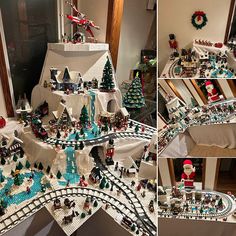 a christmas tree made out of legos is shown in this collage with pictures of the train tracks