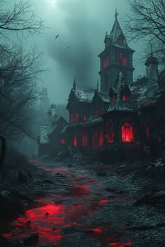 a creepy looking house with red lights in the dark forest at night, surrounded by bare trees