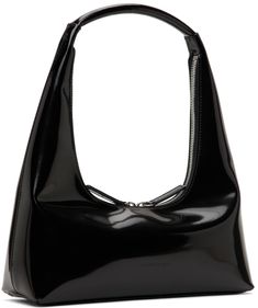 Patent leather shoulder bag in black. · Integrated rolled carry handle at top · Logo embossed at face · Zip closure · Leather logo patch and card slot at interior · Tonal textile lining · Silver-tone hardware · H4.5 x W10 x D2.5 in Supplier color: Black Sequins Top Outfit, Marge Sherwood, Carrie Bradshaw Outfits, Fashion 2000s, Interior Logo, Patent Leather Bag, Fashion Seasons, Black Logo, Fall Winter Outfits