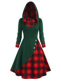 1950s Christmas, Christmas Dresses, Standard Dress, Hooded Dress, Leather Cap, Patchwork Dress, Plaid Christmas, Button Dress, Denim Pant