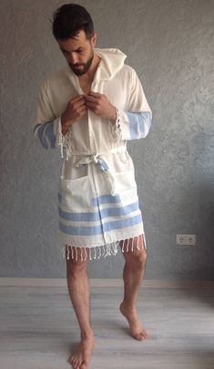 Turkish towel robe unisex Ecofriendly Beach SPA Pool Long Sleeve Summer Robe For Home, White Long Sleeve Bathrobe, White Long Sleeve Bath Robe, Summer Long Sleeve Home Robe, Blue Cotton Robe For Relaxation, White Long Robe For Vacation, Long Sleeve White Robe For Vacation, White Long Sleeve Robe For Vacation, White Long Sleeve Beach Robe