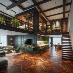 a living room filled with furniture next to a stair case in front of a flat screen tv