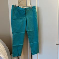 Brand New With Tags From Jcrew Factory Fitted Green Cotton Capris, Turquoise Fitted Bottoms For Spring, Fitted Turquoise Bottoms For Spring, Stretch Cotton Blue Capris, Stretch Blue Cotton Capris, Blue Stretch Cotton Capris, Blue Mid-rise Capris For Work, Casual Fitted Turquoise Pants, Mid-rise Blue Capris For Work