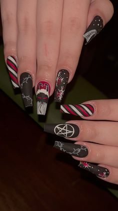 Emo Christmas inspired coffin shape acrylic nails with Krampus nail art. by IG @charlottedidmynails Coffin Shape Acrylic Nails, Shape Acrylic Nails, Emo Christmas, Coffin Shape, Christmas Nails, Acrylic Nails, Nail Designs, Nail Art, Nails