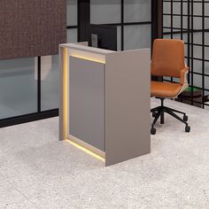 an office cubicle with a desk and chair