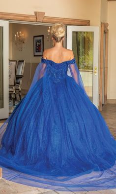 Royal blue quinceanera dress with sweetheart neckline and off the shoulder straps. Royal Blue Quinceanera Dresses, Royal Blue Quinceanera, Long Cape, Quinceanera Dresses Blue, Quince Dress, Alyce Paris, Body Measurement, Quinceanera Dress, Full Length Skirts