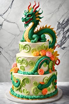 a three tiered cake with a dragon on top