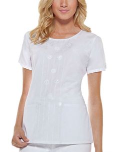 Style Code: (DI-82836)   A Junior fit round neck top that features embroidery down the front. It has two front patch pockets, side vents, and back elastic to add shape. Fitted Short Sleeve Nursing Tops, Fitted Nursing Top With Short Sleeves, Dickies Fashion, White Scrubs, Medical Scrubs Outfit, Embroidered Fashion, Scrubs Outfit, Scrubs Uniform, Medical Uniforms