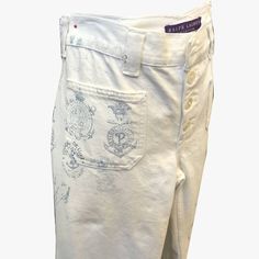 Description: Ralph Lauren purple label jeans Wide leg Thick belt loop Front & back patch pockets Doodle 'Ralph Lauren' design Lined button closure Details: Size: US 8Color: CreamMaterial: DenimCondition: GoodBrand: Ralph Lauren Shipping: Standard: $9.95Expedited: $19.95 Thick Belt, Jeans Wide, Purple Label, Ralph Lauren Purple Label, Back Patch, Cargo Shorts, Patch Pocket, Wide Leg, Ralph Lauren