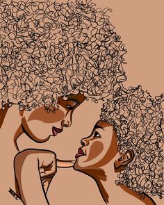 two women with curly hair are looking at each other's eyes and lips as if they were kissing