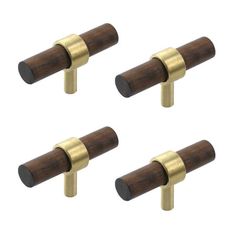 four brass and wood door knobs with wooden handles on each side, set of three