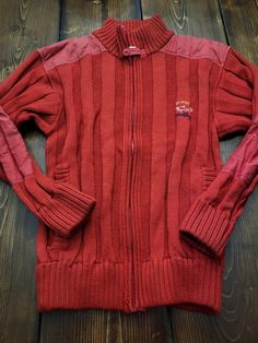 Paul And Shark Yachting SZ L Wool Vintage Mens Cable Sweater. Red full zip sweater. Thick and warm. New pure wool, made in Italy. Only flaws are a few places with mild discoloration and bottom has a spot with extra thick stitches, see photos. Otherwise good condition and quality. Smoke free home. Red Winter Outerwear With Ribbed Collar, Red Wool Knitted Outerwear, Cozy Red Wool Outerwear, Pullover Sweater Men, Cable Sweater, Zip Sweater, Pullover Men, Pullover Sweaters, Sweater Outfits