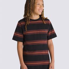 The Kids Turner Stripe Knit Shirt is a classic fit, short sleeve pocket shirt with a bold, yarn dye stripe that makes a fashion statement. 100% Cotton fabric Short sleeve pocket shirt Yarn dye stripe Classic fit | Vans Kids Turner Stripe Knit Shirt (Black-Bitter Chocolate) Medium Casual Striped Yarn-dyed Tops, Casual Yarn-dyed Striped Tops, Striped Short Sleeve Yarn-dyed Top, Black Cotton T-shirt With Vertical Stripes, Black Casual Shirt With Vertical Stripes, Black Horizontal Stripe Cotton Top, Black Cotton Tops With Horizontal Stripe Pattern, Black Cotton Tops With Horizontal Stripes, Black Horizontal Stripe Short Sleeve T-shirt