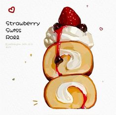 an advertisement for strawberry swiss roll with whipped cream and strawberries on top, in the shape of a number six