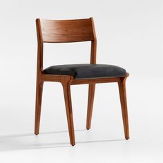 a wooden chair with a black seat cushion on it's back and armrests