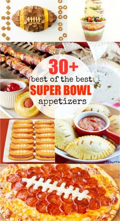 the best super bowl appetizers are on display in this collage with text overlay