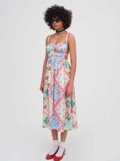 Summer Patchwork Dress For Garden Party, Multicolor Midi Dress With Floral Patchwork, Multicolor Floral Patchwork Midi Dress, Patchwork Dresses For Garden Party In Spring, Bohemian Midi Dress For Picnic, Bohemian Midi Length Dresses For Picnic, Spring Floral Patchwork Midi Dress, Retro Square Neck Midi Summer Dress, Retro Square Neck Midi Dress For Summer