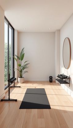 there is a yoga mat on the floor in front of a mirror and potted plant