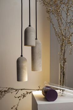 three concrete lamps hanging from a ceiling in a room with flowers and branches on the wall