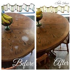 before and after photos of a dining room table that has been refinished to look like wood