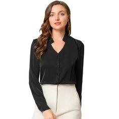 This shirt is elegant and charming for workwear or a day-to-night look with a cut-out v neck and unique shoulder detail. No-see-through chiffon fabric and stylish v-neck make it a perfect choice for work, office and daily wear. Pair this work office shirt with a pencil skirt, work pants, or casual jeans. The return of a classic, this button-up shirt is cut from in a chiffon sateen in an always flattering fit-and-flare silhouette. Size: medium. Color: black. Gender: female. Age Group: adult. Patt Elegant V-neck Shirt With Back Button Closure, Elegant V-neck Blouse For Office, Fitted V-neck Blouse For Office, Formal V-neck Shirt With Buttons, Formal V-neck Shirt With Button Closure, Elegant Collared Blouse For Office, Black Office Lady Blouse For Work, Elegant Office Wear Shirt With Collared Neckline, Office Lady Black Blouse For Office