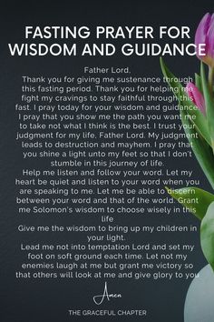 a poem written in front of a purple tulip with the words, fasting prayer for wisdom and guidance