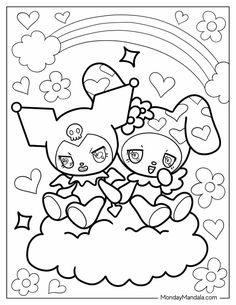 two cartoon characters sitting on top of a cloud with hearts and rainbows in the background