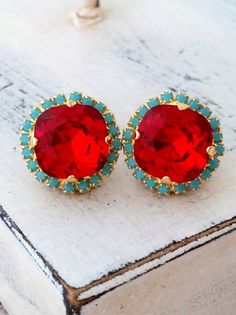 Red and turquoise Swarovski crystal stud earrings,14K gold earrings, Deep Red turquiose Rhinestone s Red Birthstone Jewelry For Party, Red Jeweled Earrings For Wedding, Red Jeweled Earrings For Gift, Red Embellished Earrings For Gift, Red Gemstone Earrings For Gift, Turquoise Jeweled Jewelry For Gift, Red Birthstone Drop Earrings, Oxidized Silver Earrings, Red And Turquoise