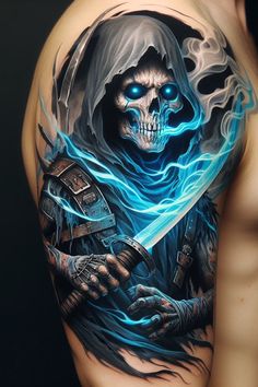 Tattoo Designs Men Shoulder Ideas, Head And Neck Tattoo, Skull Warrior Tattoo, Men Forearm Tattoos Ideas Design, Front Arm Tattoo Men, Small Mens Tattoo Ideas, Pirate Tattoo Sleeve, Tattoo Ideas Women Arm, Tattoos For Guys Shoulder