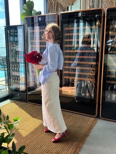 Red Heel Work Outfit, Skirt And Mary Janes Outfit, Cropped Blue Shirt Outfit, Red Mary Janes Outfit Summer, Blue Crop Shirt Outfit, Cherry Red Mary Janes Outfit, Cherry Shoes Outfit, Red Mary Jane Heels Outfit, Red Ballerina Flats Outfit