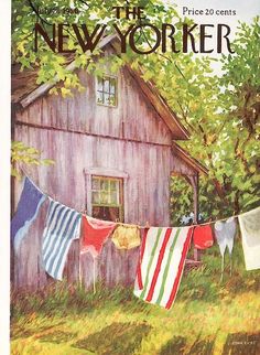 a painting of clothes hanging out to dry in front of a wooden house and tree