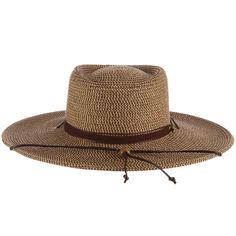 Classy gaucho style hat with flat brim, 4" wide. Sunken crown with straight sidewalls. Faux suede band with waxed cord tie accent. Faux leather chin strap. Adjustable drawstring inside crown. UPF 50+ sun protection hat. One size. 100% toyo braid Casual Brown Braided Fedora, Brown Braided Brimmed Panama Hat, Brown Fedora With Braided Detail And Curved Brim, Brown Fedora With Braided Curved Brim, Brown Braided Panama Hat With Curved Brim, Brown Braided Fedora With Curved Brim, Brown Western Boater Hat With Wide Brim, Western Style Brown Wide Brim Boater Hat, Brown Wide Brim Western Boater Hat