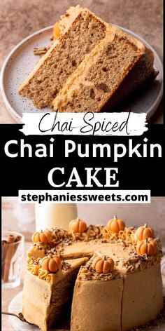 a cake that has been sliced into pieces and is on a plate with the words chai spiced pumpkin cake