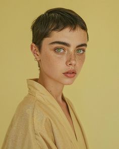 a woman with freckled hair and blue eyes wearing a tan robe looking at the camera