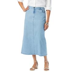 Jessica London Women's Plus Size True Fit Stretch Denim Midi Skirt Skirt.Premium stretch denim and a no-gap contoured waistband give this denim midi skirt a curve-hugging fit thats full-on flattering. The look is relaxed but also refined, making it polished enough to wear to the office and cool enough for weekend outings. Premium stretch denimSlightly lower contoured waist5-pocket styling, zip-button closure, belt loopsA-line silhouette36" length hits mid-calfCotton/poly/spandex Machine wash; im Casual Denim Skirt, Work Wear Women, Brand Style, Skirt Skirt, Ladies Of London, Denim Midi Skirt, Casual Denim, Stretch Denim, Size Clothing