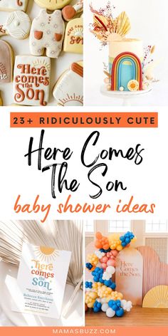 here comes the son baby shower Son Baby Shower Theme, Diaper Sprinkle, Sprinkle Party Ideas, Baby Shower Theme For Boys, Beatles Baby Shower, Sunshine Baby Shower Theme, Beatles Theme, Beatles Baby