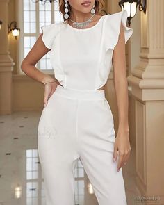 Lasaky - Flutter Sleeve Ruffle Hem Jumpsuit Elegant Short Sleeve Romper With Ruffles, Elegant Ruffled Jumpsuits And Rompers For Brunch, White Ruffled Jumpsuit For Night Out, White Ruffled Jumpsuits And Rompers For Night Out, Fitted Ruffled Jumpsuit For Brunch, Fitted Ruffled Jumpsuits And Rompers For Brunch, Elegant Sleeveless Ruffled Jumpsuits And Rompers, Summer Flutter Sleeve Jumpsuits And Rompers With Ruffles, Summer Ruffled Jumpsuits And Rompers With Flutter Sleeves