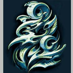 an artistic tattoo design with blue and white swirls on black paper, in the shape of a dragon's head