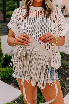 fringe crossbody, grey, gold hardware Nashville Vibes, Impressions Online Boutique, Faux Leather Heels, Summer Styles, Leather Fringe, Model Fits, Women Clothing Boutique, Online Womens Clothing, Leather Heels