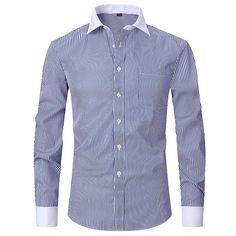 Season:Spring, Fall, Winter, Summer; Fabric:Cotton,Cotton Blend,60% Cotton; Sleeve Length:Long Sleeve; Look After Me:Machine wash,Washable; Gender:Men's; Style:Casual,Business,Fashion,Comfortable,Smart Casual; Elasticity:Micro-elastic; Tops Type:Button Down Shirt,French Cuff Shirt,Dress Shirt,Collared Shirt; Occasion:Wedding,Daily,Work,Back to Office; Age Group:Adults'; Fit Type:Regular Fit; Pattern:Striped; Design:Button-Down; Neckline:Turndown; Front page:FF; Listing Date:07/19/2022; Bust:; Le Blue Slim Fit Dress Shirt With Buttons, Slim Fit Long Sleeve Dress Shirt For Wedding, Semi-formal Long Sleeve Shirt With Buttons, Long Sleeve Shirt With Buttons For Semi-formal, Long Sleeve Shirt With Buttons For Semi-formal Occasions, Blue Long Sleeve Shirt With Buttons, Semi-formal Blue Dress Shirt With Button Closure, Long Sleeve Wedding Shirt For Spring, Formal Blue Dress Shirt With Long Sleeves