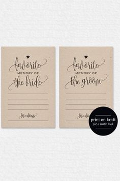 two wedding advice cards with the words favorite memory of the bride and groom on them