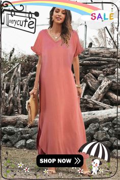 Pink Loose Fit Cotton Blend V Neck Maxi Dress with Slits Casual Long Dresses With Side Slits, Solid Color Maxi Dress With Split Design, Solid Maxi Dress With Split Design, Solid Maxi Length Dress With Split Design, Casual Long Midi Dress With Side Slits, Casual Solid Midi Dress With Side Slits, Casual Summer Maxi Dress With Split Design, Casual Short Sleeve Maxi Dress With Side Slits, Plain Maxi Dress For Beach